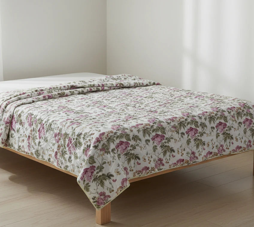 Soft Beige Botanical Bloom Muslin Dohar – Standard King Size (240 x 260 cm / 95 x 100 inches) | Muslin Cotton | Lightweight All-Season Comfort | Set of 2