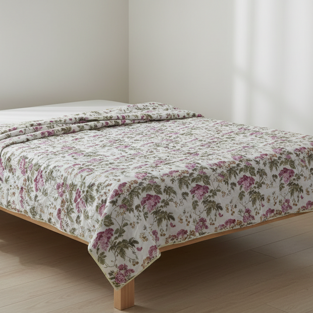 Pink Bloom Dohar (Single Size, Set of 2) | Malmal Muslin Cotton | Lightweight & Breathable