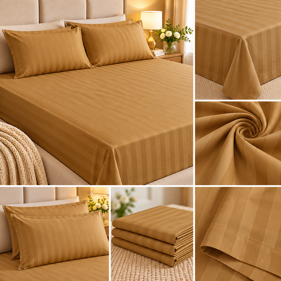 Caramel Stripe Luxe – Super King Size Bedsheet (274 × 274 cm) | 400 TC Tencel Cotton | Includes 2 Pillow Covers