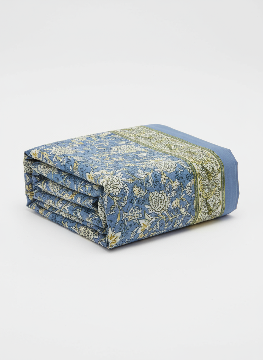 Blue Garden – Anokhi Print Super King Bedsheet (274 x 274 cm) | 100% Jaipuri Cotton | Includes 2 Pillow Covers