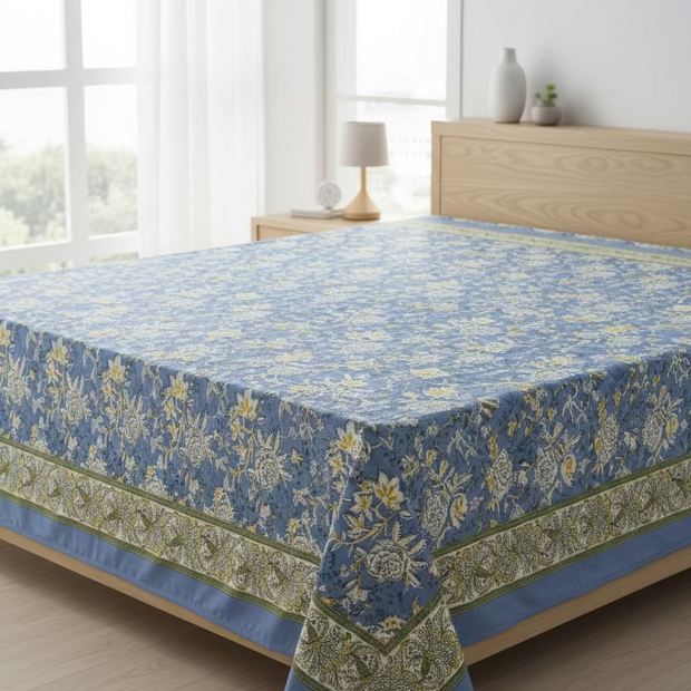 Blue Garden – Anokhi Print Super King Bedsheet (274 x 274 cm) | 100% Jaipuri Cotton | Includes 2 Pillow Covers