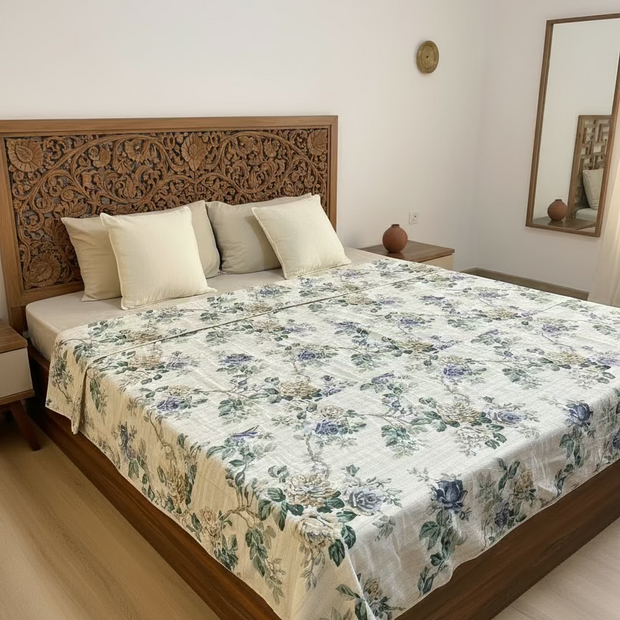 Blue Blossom Jaipuri Cotton Double Bed Dohar | Lightweight & Breathable | Soft Malmal Muslin Layers