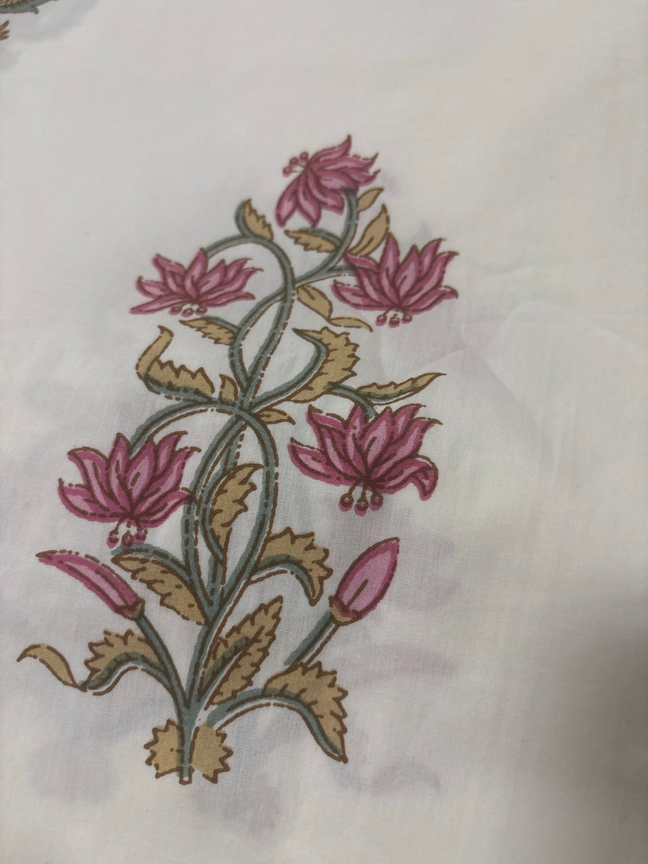 Pink Rosé Bloom - Hand Block Print – Super King Size Bedsheet (279 x 279 cm) | 100% Percale Cotton | Includes 2 Pillow Covers
