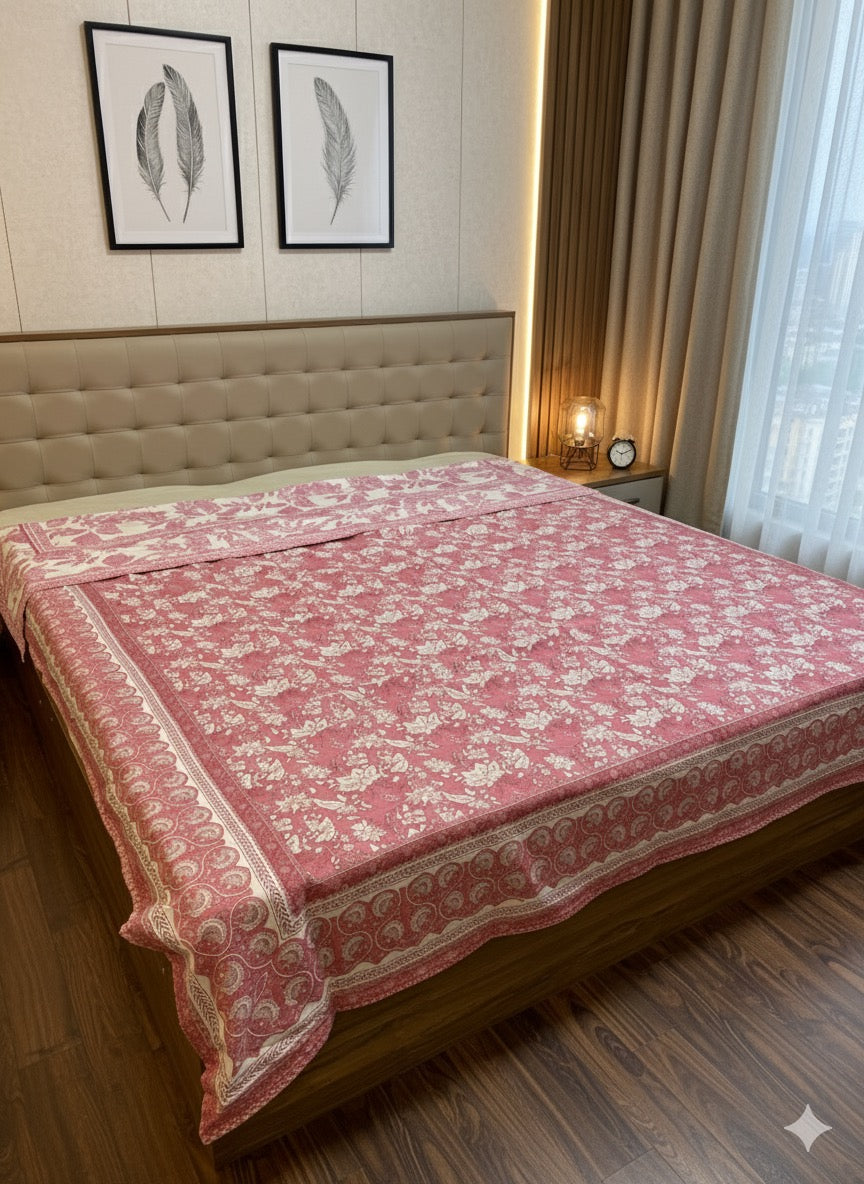 Pink Floral Garden Reversible Dohar (King Size) | Malmal Muslin Cotton | Lightweight & Breathable