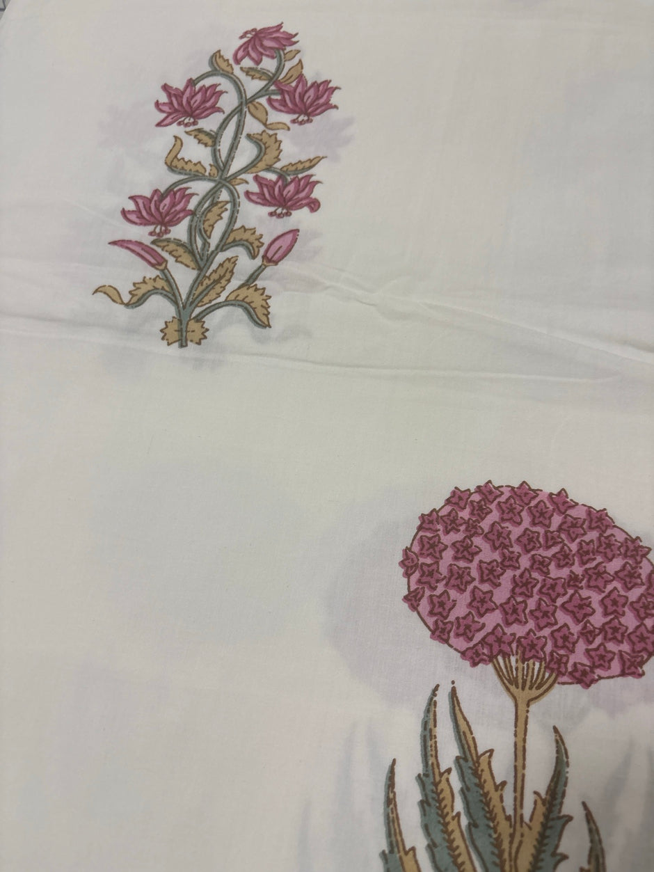 Pink Rosé Bloom - Hand Block Print – Super King Size Bedsheet (279 x 279 cm) | 100% Percale Cotton | Includes 2 Pillow Covers