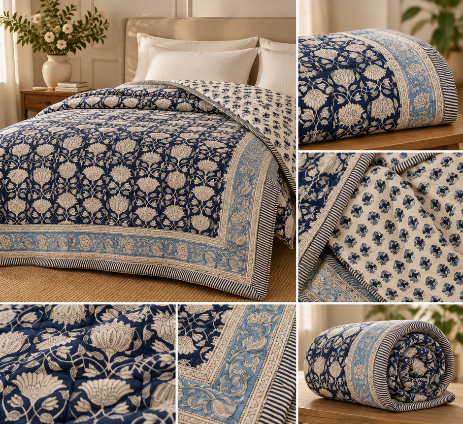 Indigo Lotus Garden –King Size Muslin Cotton Reversible Razai | Surgical Cotton Filling | Hand Stitched | 1 Piece | Dry Clean Only