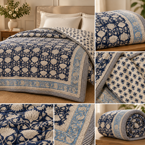 Indigo Lotus Garden –King Size Muslin Cotton Reversible Razai | Surgical Cotton Filling | Hand Stitched | 1 Piece | Dry Clean Only