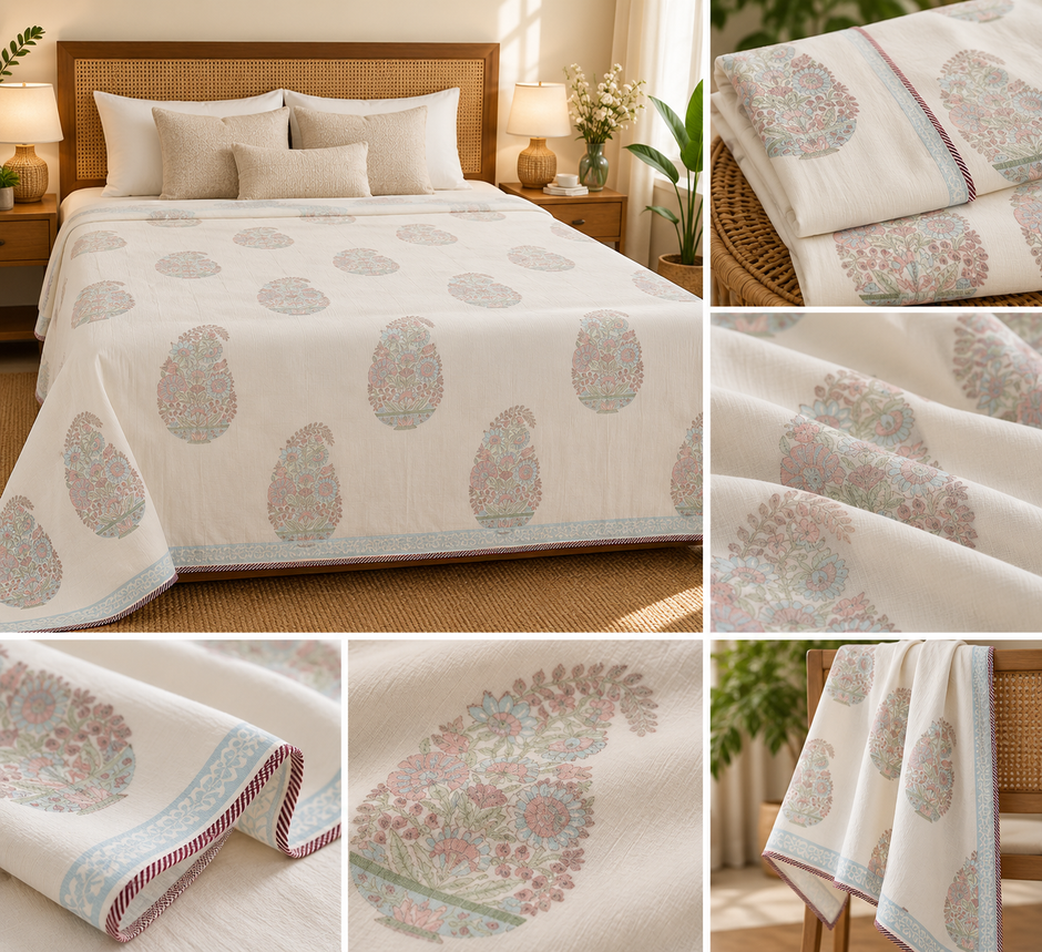 Muslin Luxe Collection – Pastel Paisley Garden Muslin Dohar – Standard King Size (240 × 260 cm / 90 × 108 inches) | Muslin Cotton Outer Layer | Lightweight All-Season Comfort