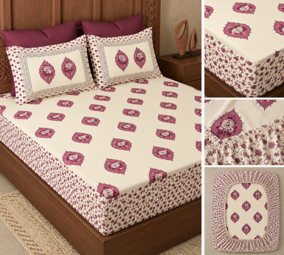 Royal Mauve Floral – Super King Fitted Bedsheet (210 × 200 + 30cm) | 400 Thread Count Percale Cotton | 30 cm Mattress Depth