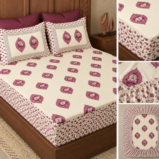 Royal Mauve Floral – Super King Fitted Bedsheet (210 × 200 + 30cm) | 400 Thread Count Percale Cotton | 30 cm Mattress Depth