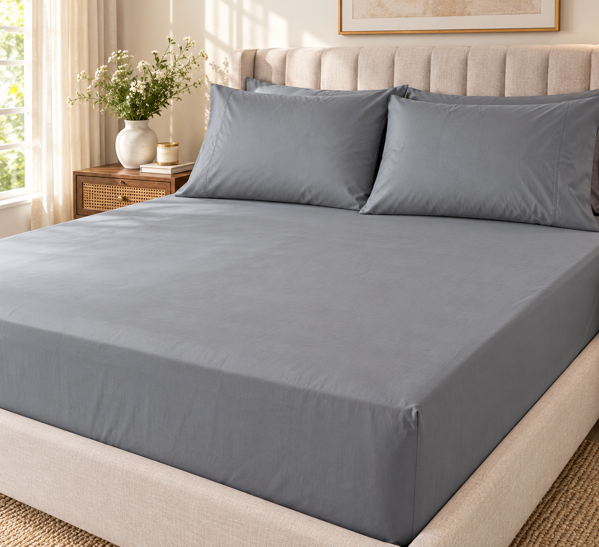 Greyish Silver Mist Luxe – Super King Size Fitted Bedsheet (210 × 200 cm) | Greyish Silver | 30 cm Depth | Includes 2 Matching Pillow Covers