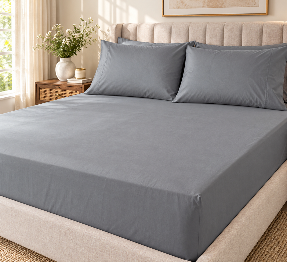 Greyish Silver Mist Luxe – Super King Size Fitted Bedsheet (210 × 200 cm) | Greyish Silver | 30 cm Depth | Includes 2 Matching Pillow Covers
