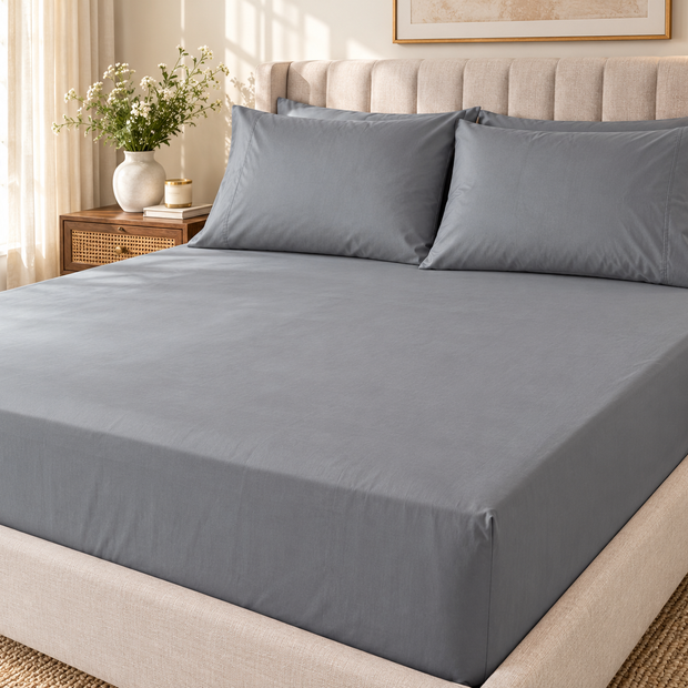 Greyish Silver Mist Luxe – Super King Size Fitted Bedsheet (210 × 200 cm) | Greyish Silver | 30 cm Depth | Includes 2 Matching Pillow Covers