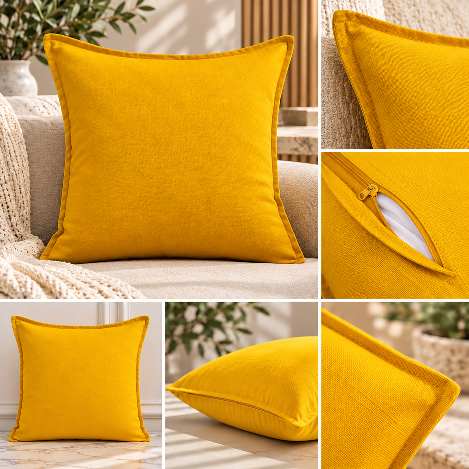 Sunshine Solid Cotton Cushion Cover – 45 × 45 cm | Yellow | 1 Piece