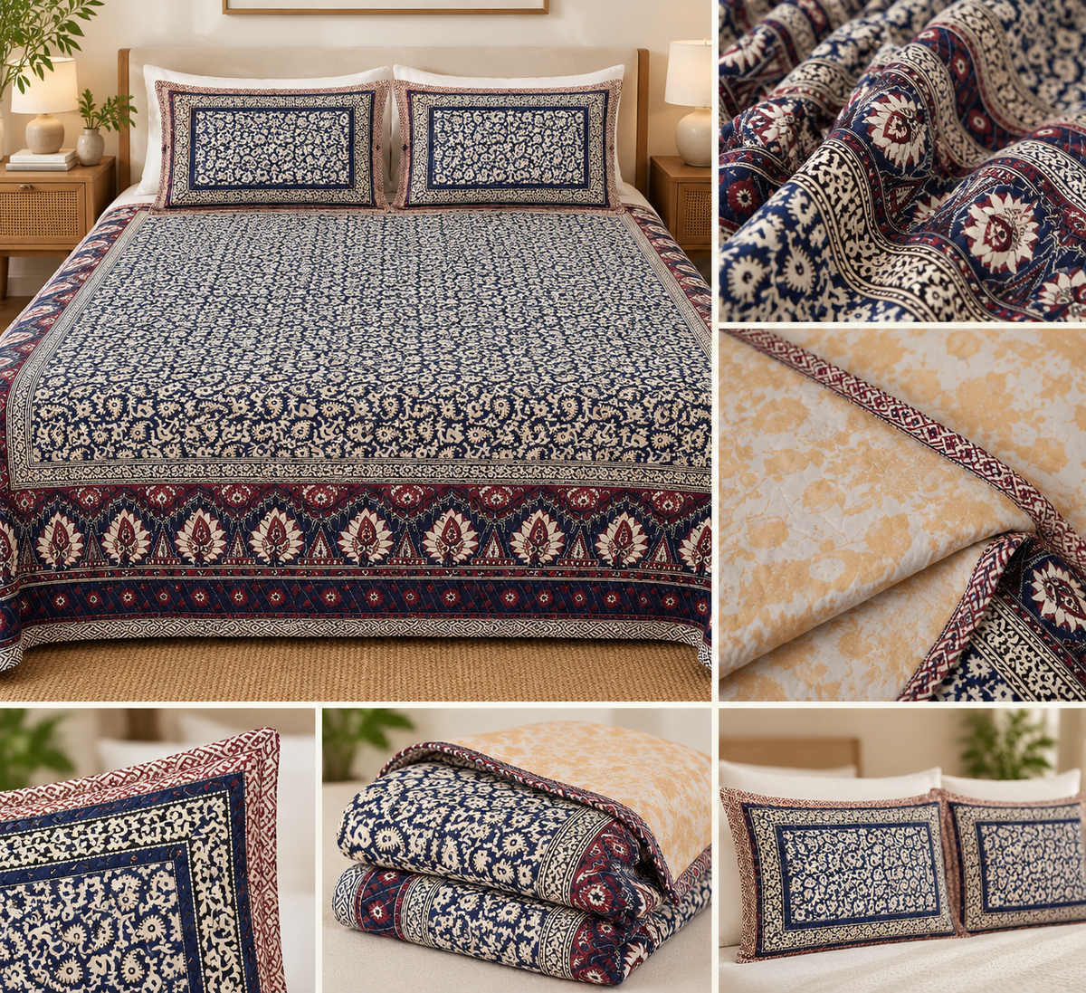 Midnight Indigo Paisley Reversible Quilted Bedspread Set – King Size (90 × 102 inches / 229 × 259 cm) | 3-Piece Set
