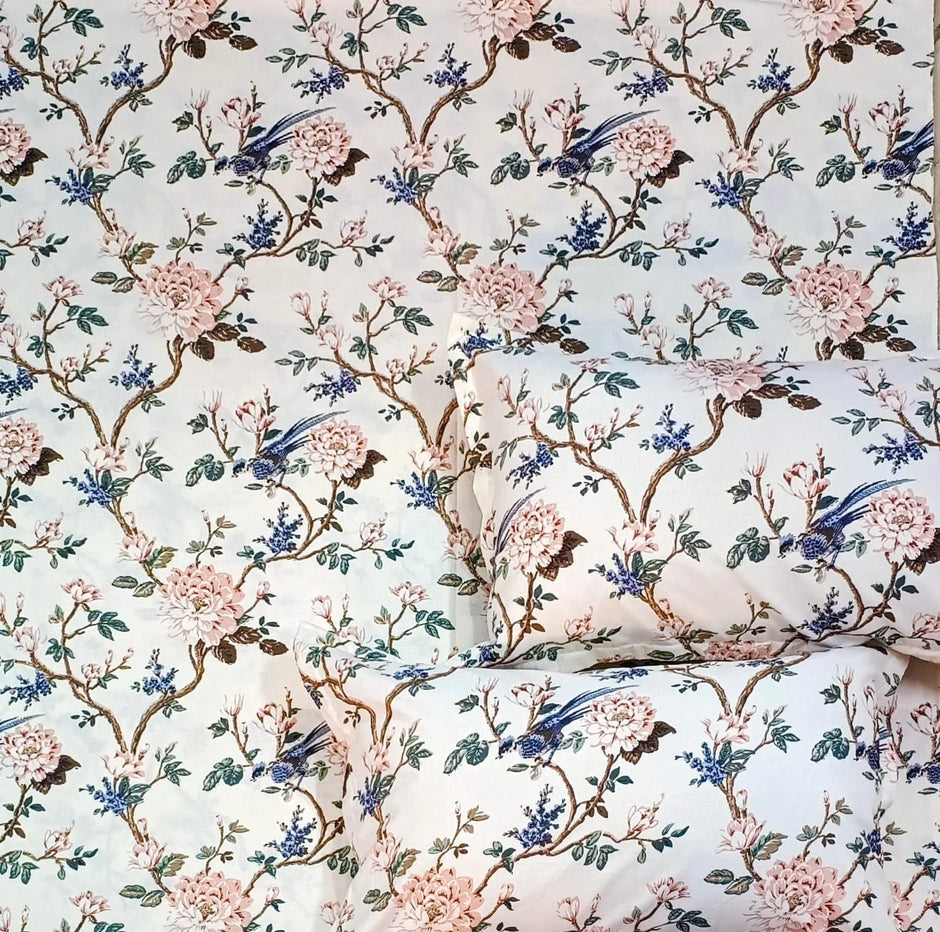 Blush Garden Birdsong – Super King Size Bedsheet (274 x 274 cm) | 100% Jaipuri Cotton | Includes 2 Pillow Covers