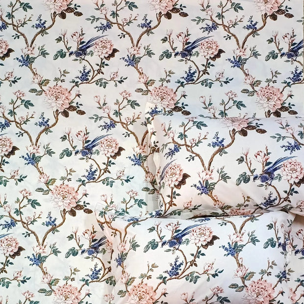 Blush Garden Birdsong – Super King Size Bedsheet (274 x 274 cm) | 100% Jaipuri Cotton | Includes 2 Pillow Covers