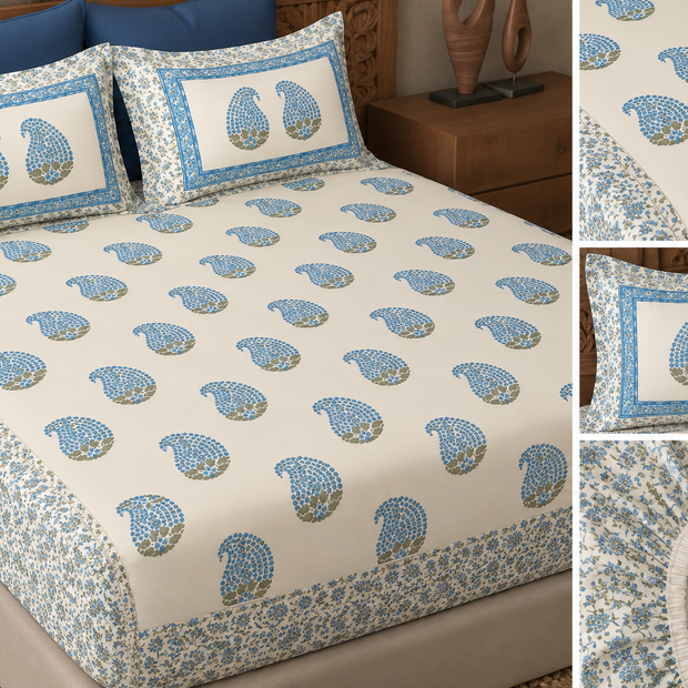 Blue Paisley Elegance – Super King Size Fitted Bedsheet Set (210 × 200 cm × 30 cm Depth) | 400 TC Tencel Cotton | Includes 2 Pillow Covers