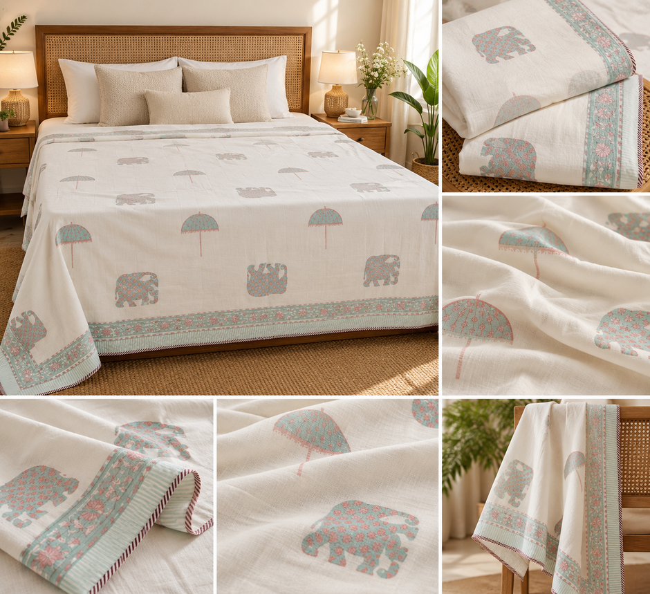 Muslin Luxe Collection – Mint &amp; Blush Elephant Parade Muslin Dohar – Standard King Size (240 × 260 cm / 90 × 108 inches) | Muslin Cotton Outer Layer | Lightweight All-Season Comfort