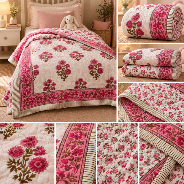 Gulbahar Rose Reverie – Reversible Single Bed Razai | 100% Muslin Cotton | Handcrafted Quilted Razai | 1 Piece