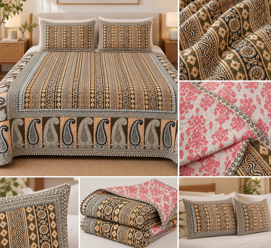 Jaipuri Heritage Quilted Bedspread Set – King Size (90 × 102 inches / 229 × 259 cm) | 3-Piece Set