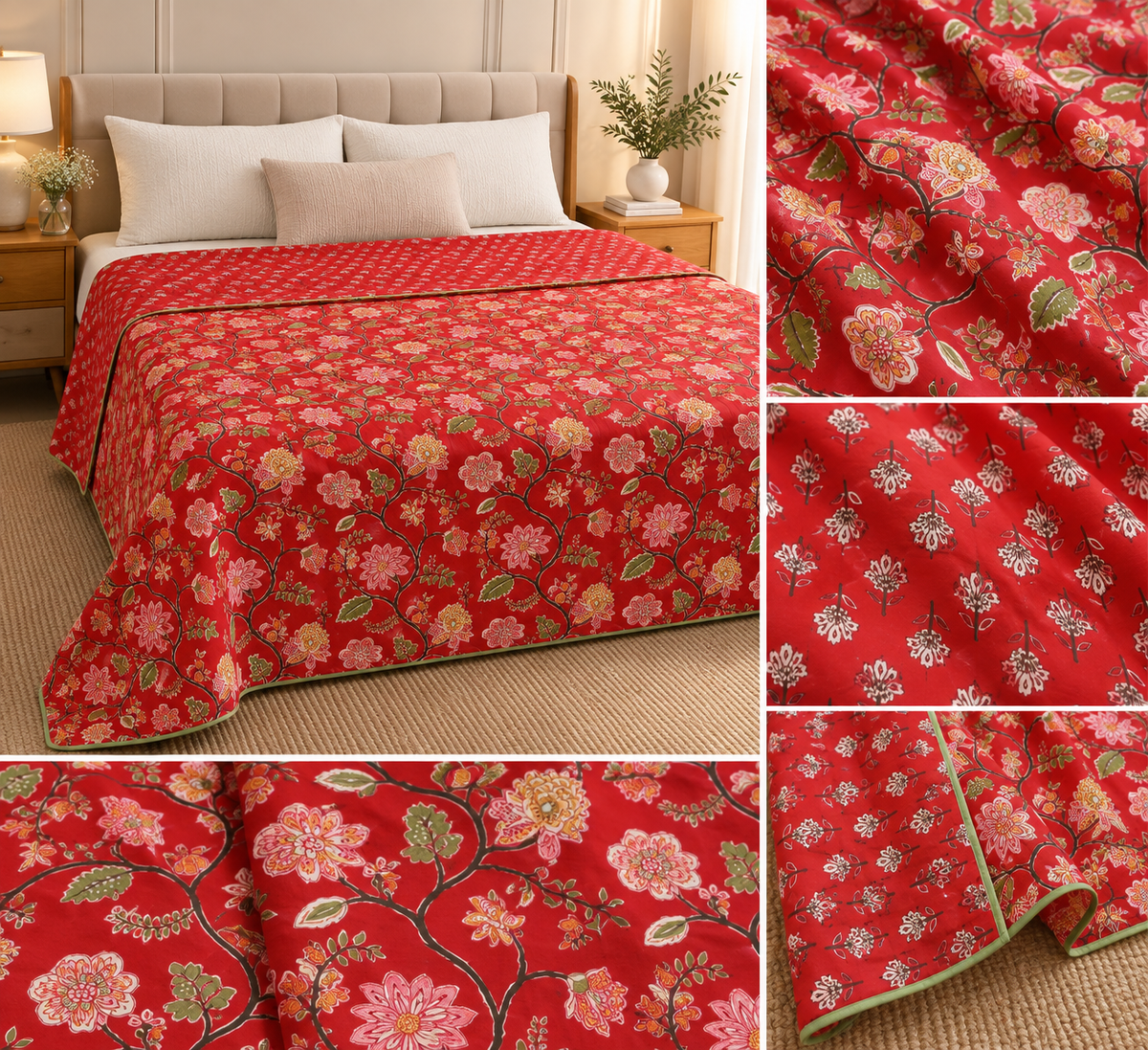 Crimson Noor Ajrakh Dohar – Standard King Size (229 x 259 cm / 90 x 102 inches) | Lightweight Cotton Dohar | Reversible Floral Design