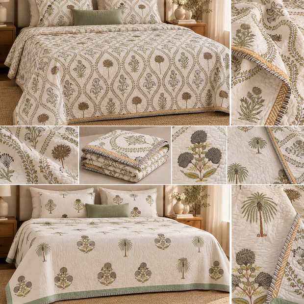 Gulshan — Garden of Flowers – Standard King Size Reversible Jaipuri Cotton Quilted Bedspread | Hand Block Printed | 2-Sided Design | 2 - Pillow covers | Set