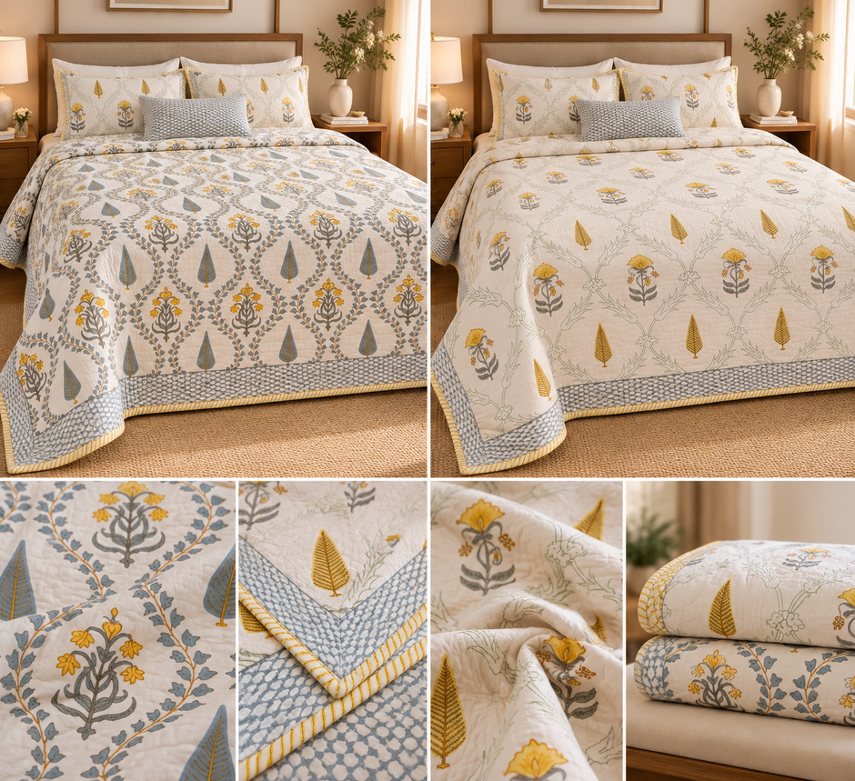 Aavira — Mustard Vine Reversible Quilted Bedspread | Jaipuri Cotton | Standard King Size | Double-Sided Printed Design | 2 Pillow Covers | Set