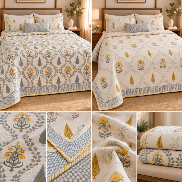 Aavira — Mustard Vine Reversible Quilted Bedspread | Jaipuri Cotton | Standard King Size | Double-Sided Printed Design | 2 Pillow Covers | Set