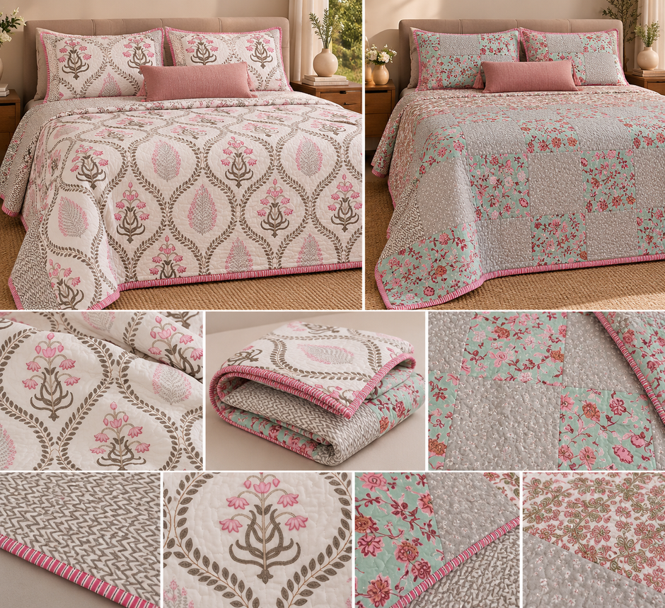 Phooljhar — Cascade of Blooms | Reversible Jaipuri Cotton Quilted Bedspread | Standard King Size | 2 Pillow Covers | Set