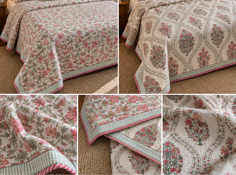 Vanya — Wildflower Garden – Standard King Size Reversible Jaipuri Cotton Quilted Bedspread | 2-Sided Design | 2 Pillow Covers | Set
