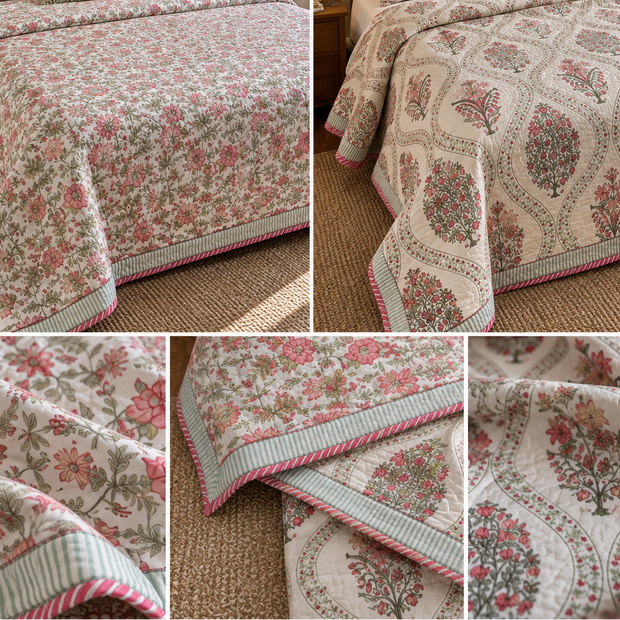 Vanya — Wildflower Garden – Standard King Size Reversible Jaipuri Cotton Quilted Bedspread | 2-Sided Design | 2 Pillow Covers | Set
