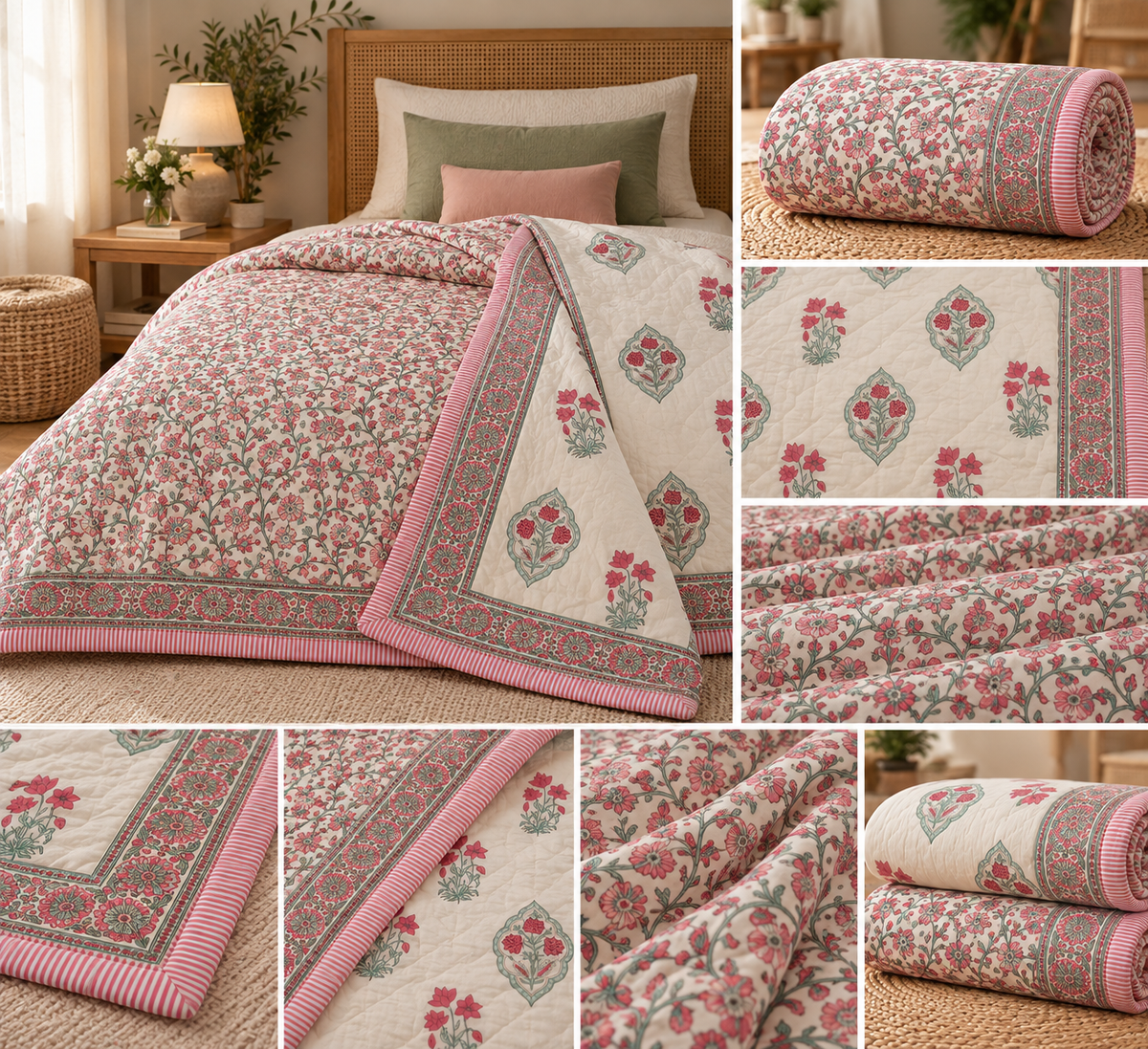 Gulab Bagh Reversible Floral Cotton Razai – Single Size (55 × 85 inches / 140 × 216 cm) | Hand-Quilted | 1 Piece