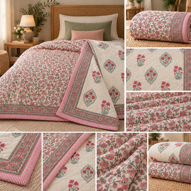 Gulab Bagh Reversible Floral Cotton Razai – Single Size (55 × 85 inches / 140 × 216 cm) | Hand-Quilted | 1 Piece