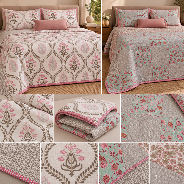 Phooljhar — Cascade of Blooms | Reversible Jaipuri Cotton Quilted Bedspread | Standard King Size | 2 Pillow Covers | Set