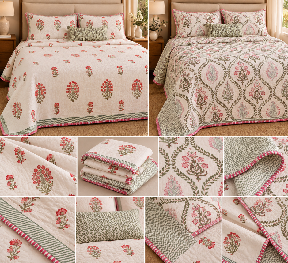 Zariya — A Floral Journey | Reversible Jaipuri Cotton Quilted Bedspread – Standard King Size | 2 - Pillow Covers | Set