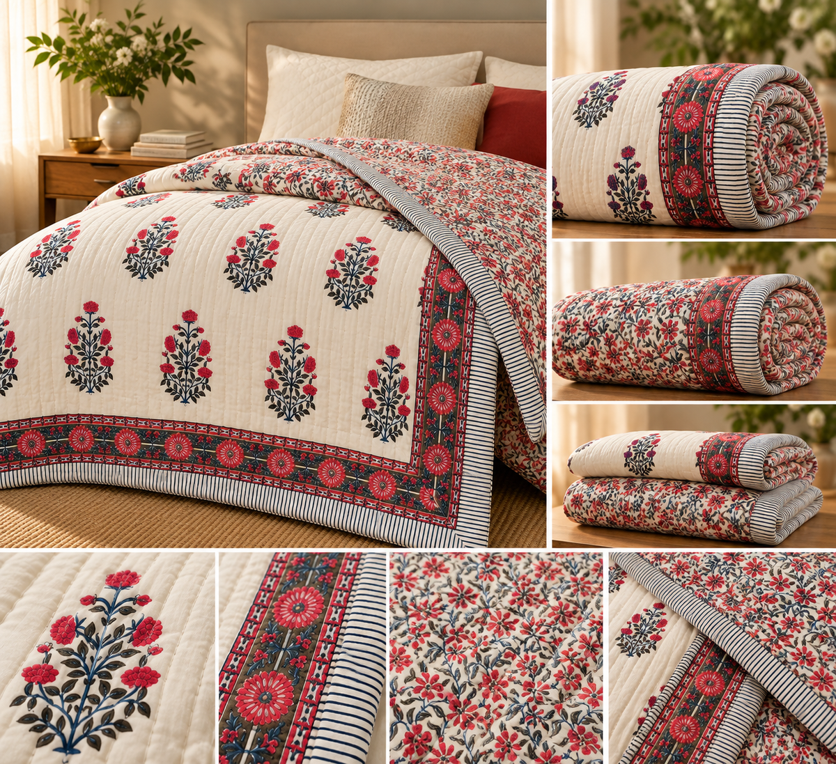 Crimson Garden Bloom – King Size Reversible Muslin Cotton Razai Blanket | Surgical Cotton Filling | Hand Stitched | 1 Piece