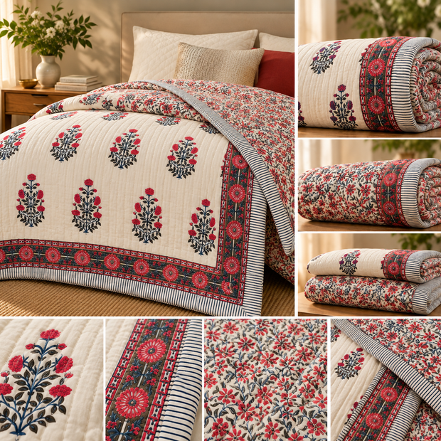 Crimson Garden Bloom – King Size Reversible Muslin Cotton Razai Blanket | Surgical Cotton Filling | Hand Stitched | 1 Piece