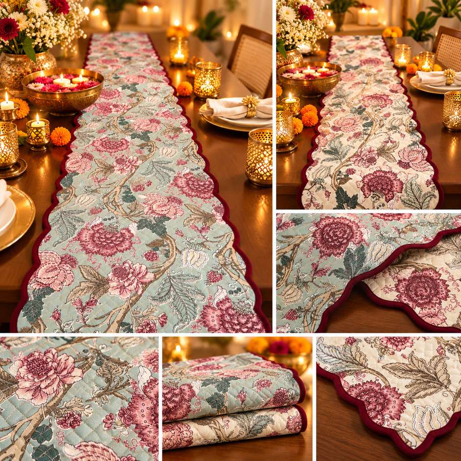 Blush Garden Reversible Quilted Cotton Table Runner – 16 × 72 Inches | 40 × 180 cm | 1 Piece