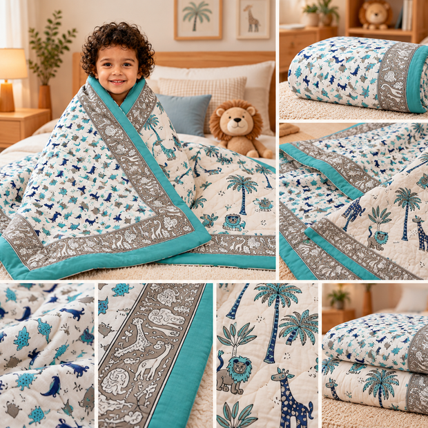 Safari Friends Reversible Kids Razai Blanket – Single Size (55 × 85 inches / 140 × 216 cm) | Dry Clean Only | 1 Piece