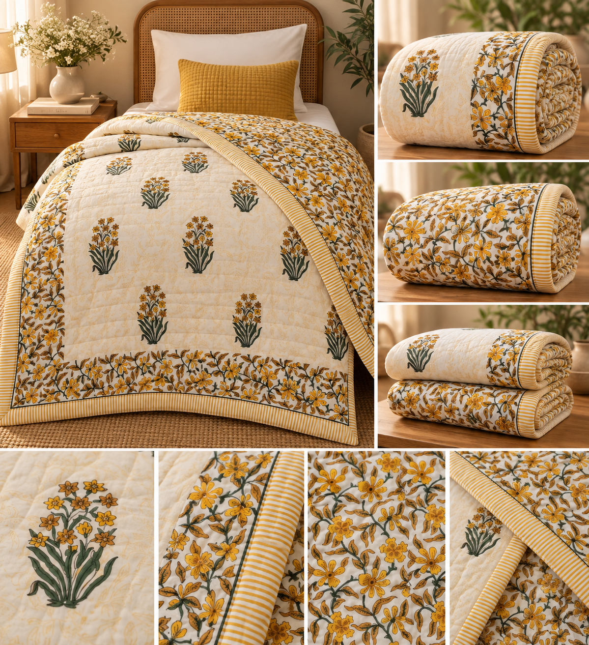 Meher — Ivory Garden Reversible Razai – Single Size (85 × 55 inches / 216 × 140 cm) | Jaipuri Cotton | 2-Sided Design | 1 Piece