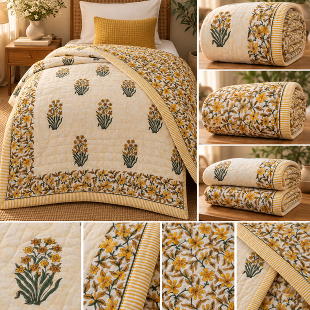 Meher — Ivory Garden Reversible Razai – Single Size (85 × 55 inches / 216 × 140 cm) | Jaipuri Cotton | 2-Sided Design | 1 Piece