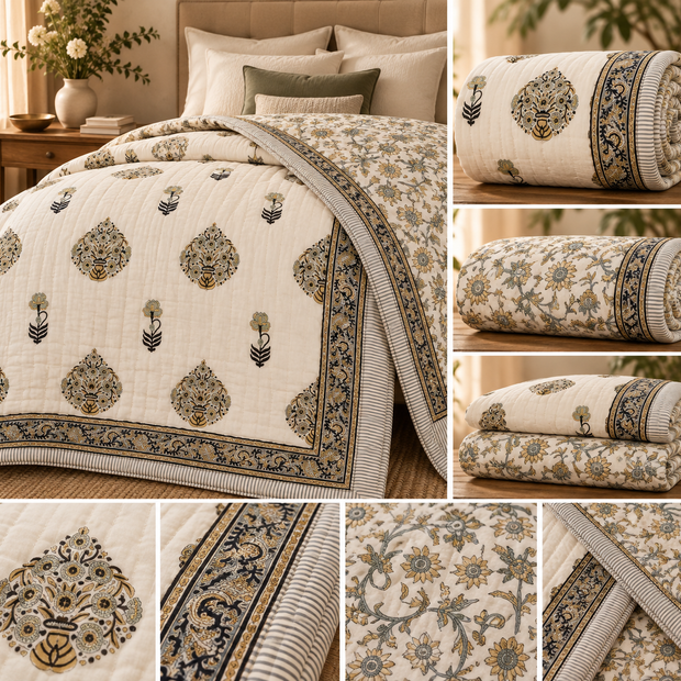 Noor Mahal — Heritage Garden Reversible Razai – Standard King Size | Jaipuri Cotton | 2-Sided Design | 1 Piece