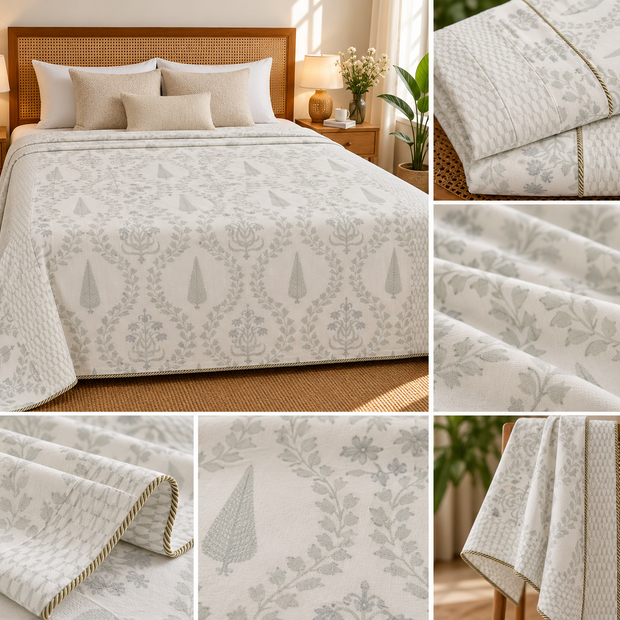 Muslin Luxe Collection – Sage Botanical Elegance Muslin Dohar – Standard King Size (240 × 260 cm / 90 × 108 inches) | Muslin Cotton Outer Layer | Lightweight All-Season Comfort