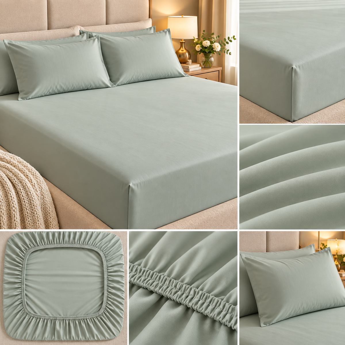 Sage Whisper Luxe – Super King Size Fitted Bedsheet (210 × 200 cm + 30 cm Depth) | 2 Pillow Covers | 400 TC Tencel Cotton