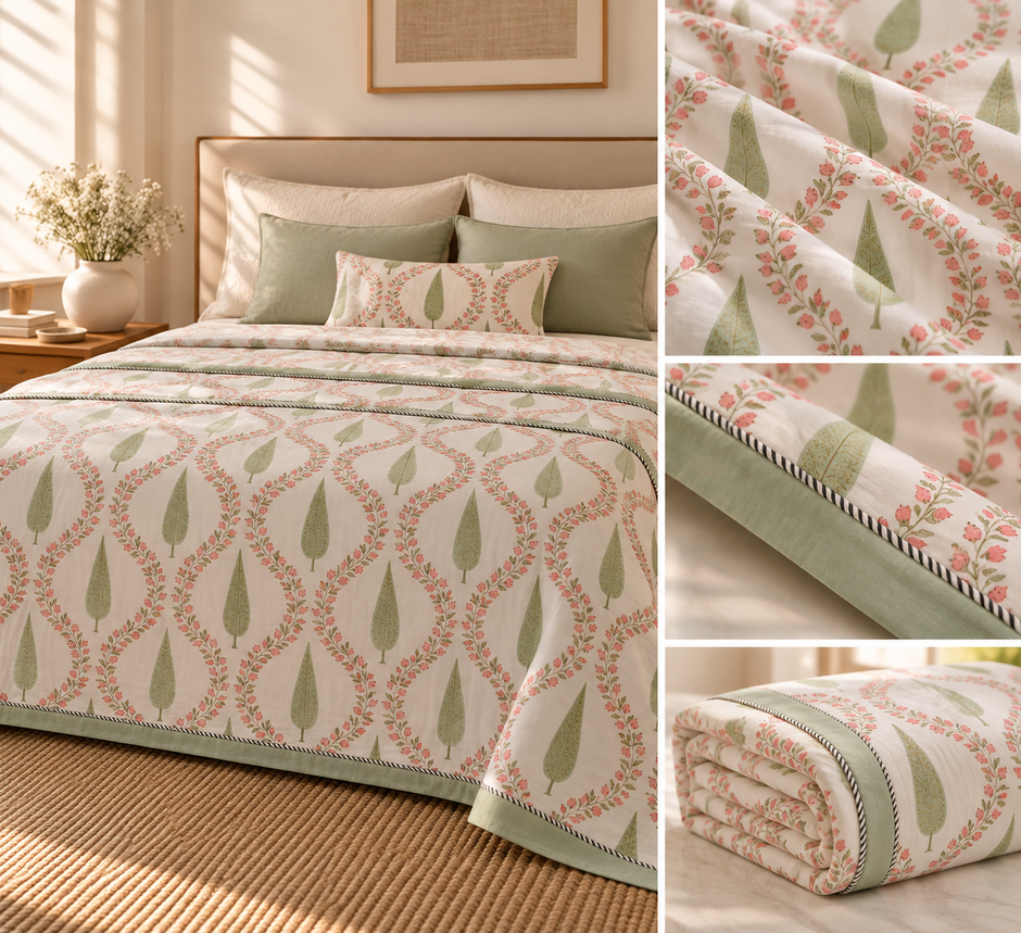 Sage Blossom Vine Jaipuri Muslin Dohar – Standard King Size (90 × 102 inches\229 × 259 cm) | Muslin Cotton | Lightweight All-Season Comfort