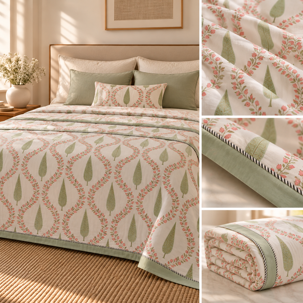 Sage Blossom Vine Jaipuri Muslin Dohar – Standard King Size (90 × 102 inches\229 × 259 cm) | Muslin Cotton | Lightweight All-Season Comfort