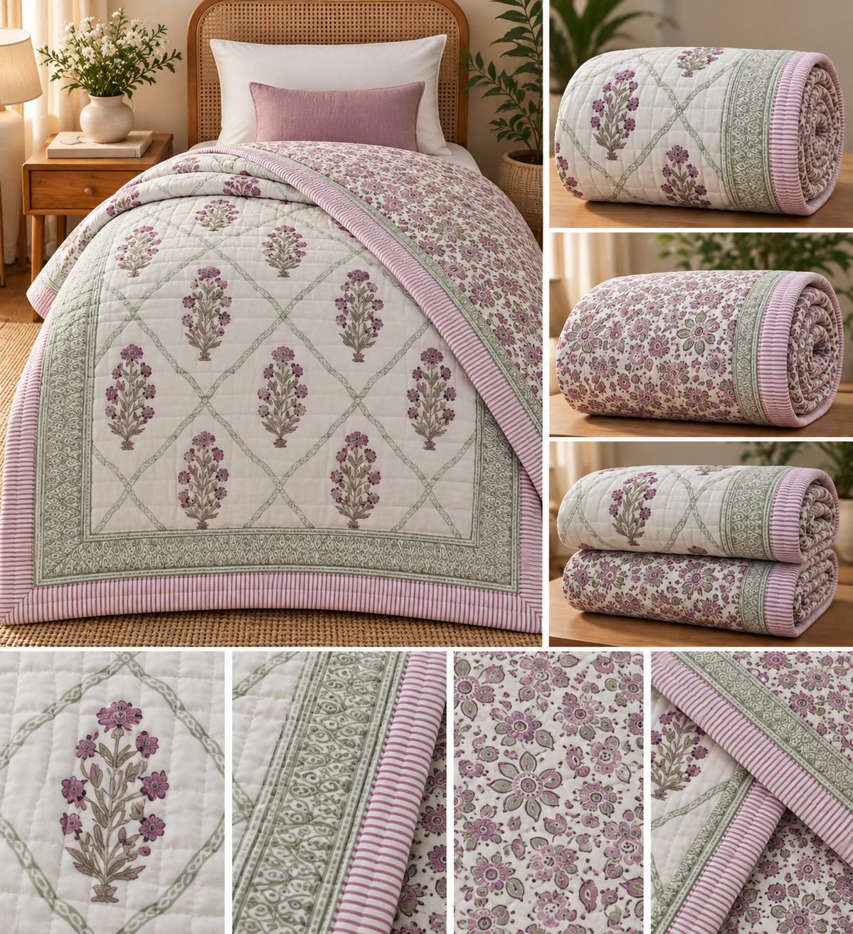 Amara — Mauve Garden Reversible Muslin Cotton Razai Blanket | Organic Cotton Filling | Hand Stitched | Single Size