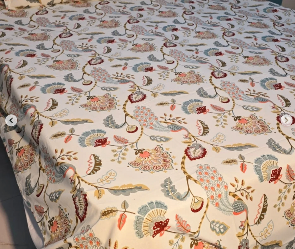 Coral Peacock Bloom – Queen Size Bedsheet (260 x 230 cm) | 100% Jaipuri Cotton | Includes 2 Pillow Covers