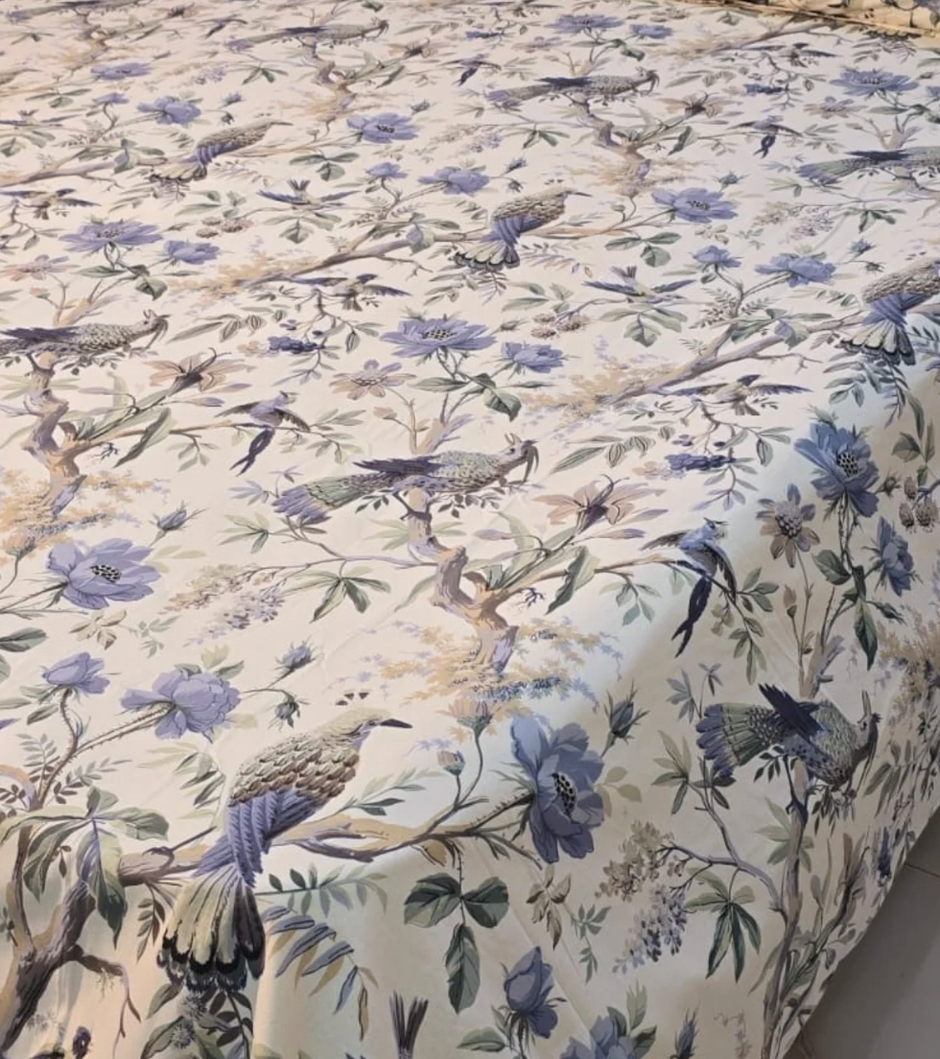 Azure Woodland Birds – Super King Size Bedsheet (274 x 274 cm) | 100% Cotton | Includes 2 Pillow Covers
